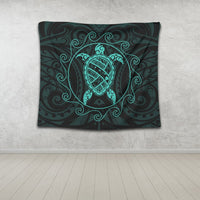 Hawaiian Map Turtle Wave Polynesian Tapestry Turquoise - AH - Polynesian Pride