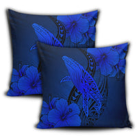 Hawaiian Map Whale Swim Hibiscus Polynesian Pillow Covers - Blue - AH - Polynesian Pride