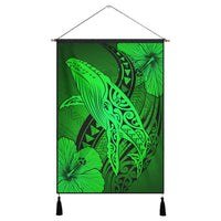 Hawaiian Map Whale Swim Hibiscus Polynesian Hanging Poster - Green - AH Hanging Poster Cotton And Linen - Polynesian Pride