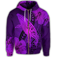 Hawaiian Map Whale Swim Hibiscus Polynesian Zip Hoodie Purple - Polynesian Pride