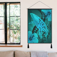 Hawaiian Map Whale Swim Hibiscus Polynesian Hanging Poster - Turquoise - AH - Polynesian Pride
