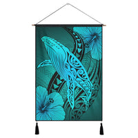 Hawaiian Map Whale Swim Hibiscus Polynesian Hanging Poster - Turquoise - AH Hanging Poster Cotton And Linen - Polynesian Pride
