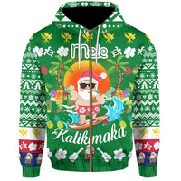 Hawaiian Mele Kalikimaka Santa Claus Pattern Christmas Hoodie Zip Green Labo Style - Polynesian Pride