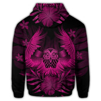 Hawaiian Owl Hibiscus Plumeria Polynesian Zip Hoodie Pink - Polynesian Pride