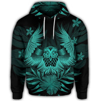 Hawaiian Owl Hibiscus Plumeria Polynesian Hoodie Turquoise - Polynesian Pride