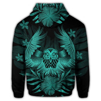 Hawaiian Owl Hibiscus Plumeria Polynesian Zip Hoodie Turquoise - Polynesian Pride