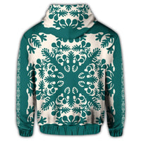 Hawaiian Palm Tree Quilt Tradition Turquoise Zip Hoodie - Polynesian Pride
