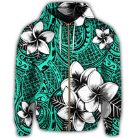 Hawaiian Plumeria Tribe Turquoise Polynesian Zip Hoodie - Polynesian Pride
