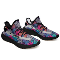 Hawaiian Sneakers YZ Tropical Exotic Leaves And Flowers On Geometrical Ornament Black - Polynesian Pride