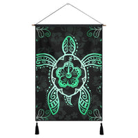Hawaiian Turtle And Hibiscus Polynesian Hanging Poster Green - AH Hanging Poster Cotton And Linen - Polynesian Pride