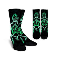 Hawaiian Turtle And Hibiscus Polynesian Crew Socks Green - AH Crew Socks White - Polynesian Pride