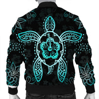 Hawaiian Turtle And Hibiscus Polynesian Bomber Jacket Turquoise - AH - Polynesian Pride