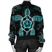 Hawaiian Turtle And Hibiscus Polynesian Bomber Jacket Turquoise - AH - Polynesian Pride