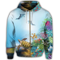 Hawaiian Turtle Dolphin In The Ocean Polynesian Zip Hoodie - Polynesian Pride