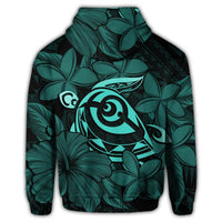 Hawaiian Turtle Hibiscus Plumeria Kanaka Polynesian Zip Hoodie Turquoise Soft Style - Polynesian Pride