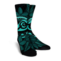 Hawaiian Turtle Hibiscus Plumeria Kanaka Polynesian Crew Socks Turquoise - Soft Style - AH - Polynesian Pride