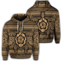 Hawaiian Turtle Polyensian Tribal Zip Hoodie Gold Unisex Art - Polynesian Pride