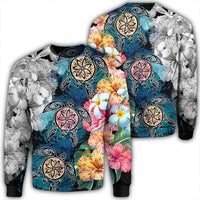 Hawaiian Turtle Swimming Wave Plumeria Hibiscus Polynesian Sweatshirt - Garden Style - AH Unisex Black - Polynesian Pride