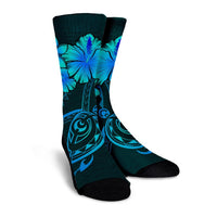 Hawaiian Turtles Hibiscus Plumeria Polynesian Crew Socks - Turquoise - AH - Polynesian Pride