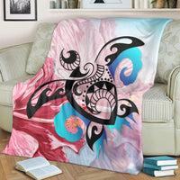 Hawaiian Wave Hibiscus Watercolor Turtle Polynesian Premium Blankets - AH - Polynesian Pride