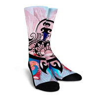 Hawaiian Wave Hibiscus Watercolor Turtle Polynesian Crew Socks - AH - Polynesian Pride