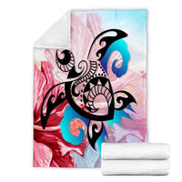 Hawaiian Wave Hibiscus Watercolor Turtle Polynesian Premium Blankets - AH - Polynesian Pride