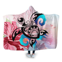 Hawaiian Wave Hibiscus Watercolor Turtle Polynesian Hooded Blanket - AH Hooded Blanket White - Polynesian Pride