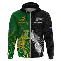 Custom Aotearoa Rugby All Black Combine Australia Wallabies Hoodie Aboriginal Kangaroo and Maori Fern LT9 Zip Hoodie Black - Polynesian Pride
