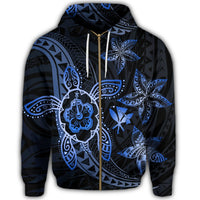 Kanaka Map Hibiscus Plumeria Turtle Art Blue Polynesian Zip Hoodie - Polynesian Pride
