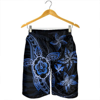 Kanaka Map Hibiscus Plumeria Turtle Art Blue Polynesian Men's Shorts - AH - Polynesian Pride