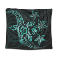 Kanaka Map Hibiscus Plumeria Turtle Art Turquoise Polynesian Tapestry - AH Wall Tapestry Black - Polynesian Pride