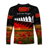 New Zealand Maori ANZAC Long Sleeve Shirt Poppy Vibes - Black LT8 - Polynesian Pride
