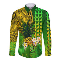 (Custom Personalised) Hawaii Pineapple Long Sleeve Button Shirt Plumeria Frangipani Mix Tribal Pattern LT13 - Polynesian Pride