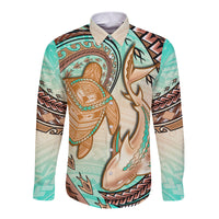 Hawaii Long Sleeve Button Shirt Polynesian Shark And Sea Turtle Dreamy Turquoise Artsy LT14 Unisex Turquoise - Polynesian Pride