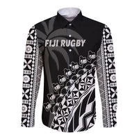 (Custom Text And Number) Fiji Rugby Long Sleeve Button Shirt Fijian Cibi Dance Tapa Pattern Black LT14 - Polynesian Pride