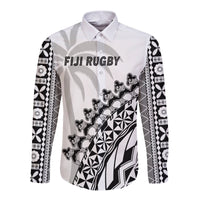 (Custom Text And Number) Fiji Rugby Long Sleeve Button Shirt Fijian Cibi Dance Tapa Pattern White LT14 - Polynesian Pride