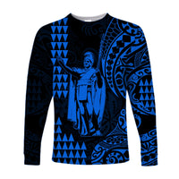 Hawaii Day Kakau Long Sleeve Shirt Proud To Be Hawaiian Blue King Kamehameha and Kanaka Maoli LT13 Unisex Blue - Polynesian Pride