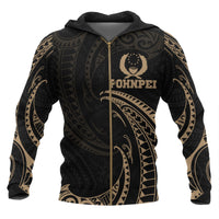 Pohnpei Micronesia All Over Zip up Hoodie Gold Tribal Wave Unisex Black - Polynesian Pride