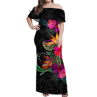 Pohnpei Hibiscus Polynesian Tribal Women Off Shoulder Long Dress - LT12 Long Dress Black - Polynesian Pride