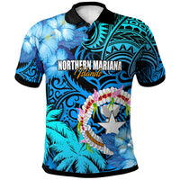 Northern Mariana Islands Polo Shirt CNMI Polynesian Culture with Hibicus Tropical Flower LT10 Blue - Polynesian Pride