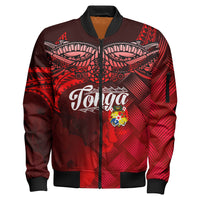 Tonga Polynesian Sleeve Zip Bomber Jacket - Tonga Coat Of Arms With Lauhala Tribal Pattern Unisex Red - Polynesian Pride