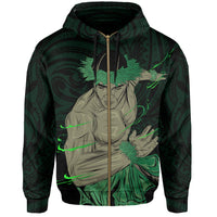 Polynesian Hula Man Helmet Hawaii Zip Hoodie Green - Polynesian Pride