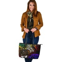 Marshall Islands Large Leather Tote Bag - Rainbow Polynesian Pattern Crest - Polynesian Pride