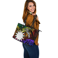 Nauru Large Leather Tote Bag - Rainbow Polynesian Pattern - Polynesian Pride