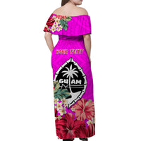(Custom Personalised) Guam Chamorro Off Shoulder Long Dress Latte Stone Flowers Style Pink LT13 - Polynesian Pride