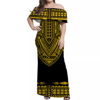 (Custom Personalised) Polynesian Off Shoulder Long Dress Dashiki With Polynesian Tattoo Royal Golden Version LT14 Women Black - Polynesian Pride