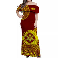 (Custom Personalised) Tonga High School Off Shoulder Long Dress Class Of Year Tongan Ngatu Pattern LT14 Women Red - Polynesian Pride