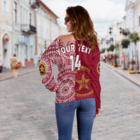 (Custom Text And Number) Tonga Eua High School Off Shoulder Sweater Class Of Year Tongan Ngatu Pattern LT14 Women Maroon - Polynesian Pride