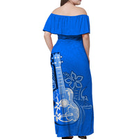 Hawaiii Ukulele Off Shoulder Long Dress Polynesian Blue Style LT6 - Polynesian Pride