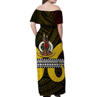 Vanuatu Off Shoulder Long Dress Polynesian Patterns Mix Pig Tusk LT6 - Polynesian Pride